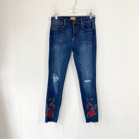 Driftwood Jackie Rose Floral Embroidered Skinny Jeans Raw Hem Stretch Size 26 - Picture 2 of 16